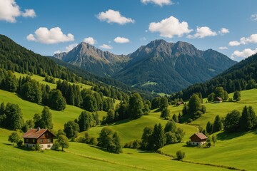 Obraz premium Rural scenery with homes under a clear blue sky and mountain backdrop