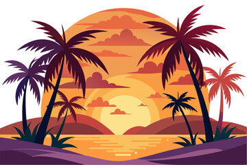 Tropical Beach Sunset with Palm Trees and Ocean Waves