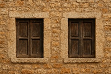 Close-up of a weathered building facade featuring vintage windows in a historic rustic home