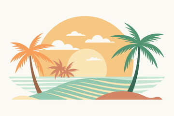 Tropical Beach Sunset with Palm Trees and Ocean Waves