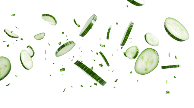 flying slices of cucumber isolated on white background