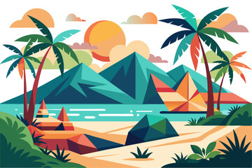 Tropical Beach Sunset with Palm Trees and Ocean Waves