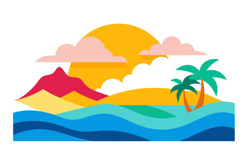 Tropical Beach Sunset with Palm Trees and Ocean Waves