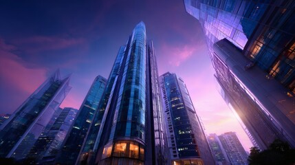 Low-angle view of modern glass towers in a bustling city, sunset casting violet and blue reflections on buildings, high contrast lighting, cinematic tones, sharp reflections on surfaces 