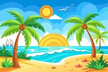 Tropical Beach Sunset with Palm Trees and Ocean Waves