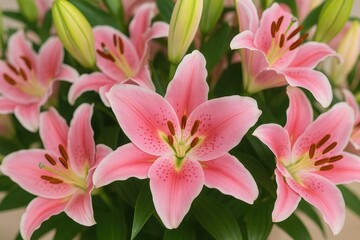 Naklejka premium Close-up of a vibrant pink lily bouquet highlighting the flower for Valentine's Day