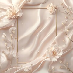 Elegant light peach silk fabric background with gold frame and flowers