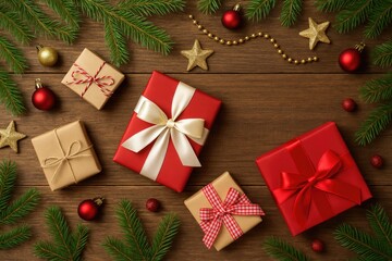 Festive holiday scene featuring presents and ornaments on a wooden surface from an overhead perspective