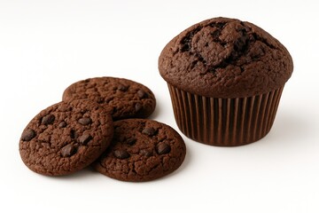 Fototapeta premium Delicious chocolate treats featuring cookies and muffins on a clean white surface