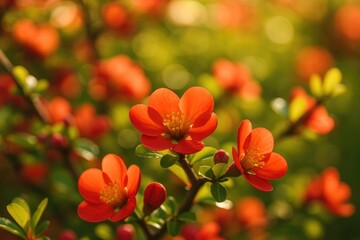 Close-up of vibrant red blossoms on a shrub