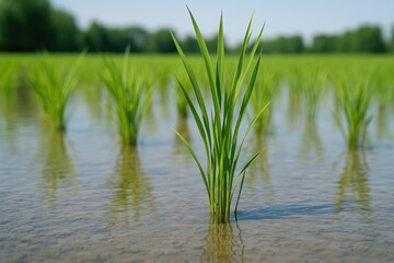 Obraz premium Close-up of lush green rice plants growing in a flooded field during a sunny summer day