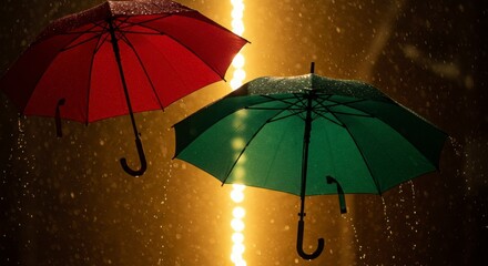 two umbrellas overlapping under falling light instead of rain