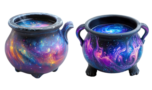 Witch cauldron bubbling with swirling galaxy-colored potion