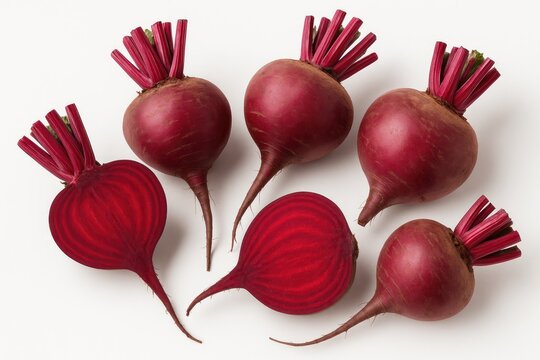 Cut whole beets on a white background showcasing taproot vegetables