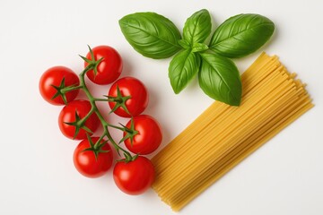Spaghetti dish featuring cherry tomatoes and fresh basil on a white backdrop