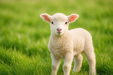 Adorable fluffy lamb resting in a grassy meadow