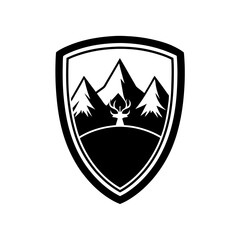 A Rustic Mountain Landscape with a Stag Silhouette in a Vintage Shield Badge