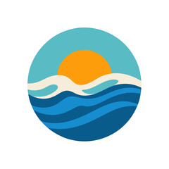 A Minimalist Ocean Wave with a Setting Sun in a Modern Circular Emblem Logo