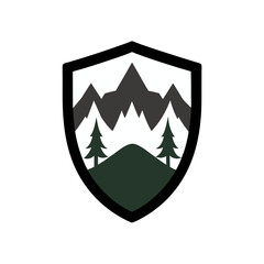 A Mountain Landscape with a Deer Silhouette in a Traditional Shield Emblem