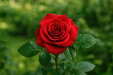Detailed shot of a crimson rose in a lush park