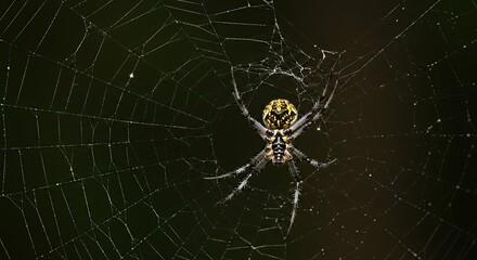 Orb weaver spider meticulously waits on a dew-covered spiderweb in nature