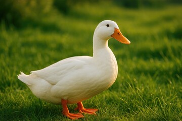 Fototapeta premium Serene rural scene featuring a white domestic duck on lush green grass
