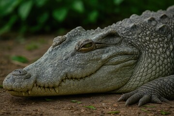 Obraz premium Detailed shot of a resting crocodile on the earth, nature scene