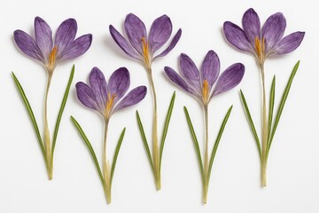 Naklejka premium Purple crocus blossoms dried and displayed on a plain white surface