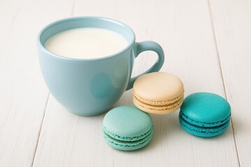 Obraz premium A glass of milk alongside colorful macarons on a white wooden surface