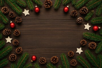 Festive holiday scene featuring a flat layout on a dark wooden surface with ample space in the middle