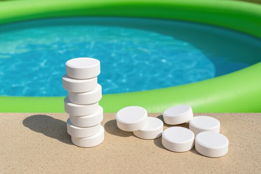 Chlorine granules positioned around the border of a blow-up pool