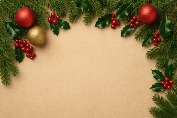 Festive holiday scene featuring pine branches and decorative baubles