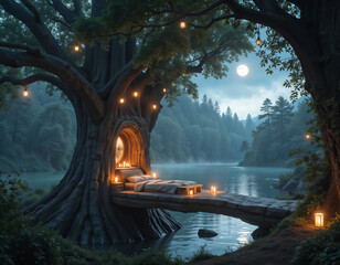 Magical treehouse bedroom carved into ancient tree trunk by moonlit lake. Enchanted fairy tale retreat with warm candlelight and mystical forest atmosphere.