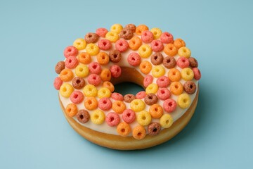 Sweet cereal donut against a pastel blue backdrop