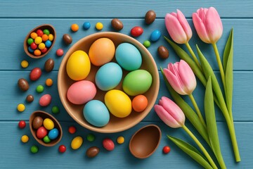 Arrangement featuring a collection of springtime treats, colorful eggs, and vibrant tulips on a blue wooden surface