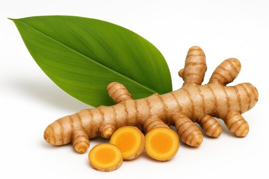 Zedoaria turmeric root and vibrant green foliage on a plain white background