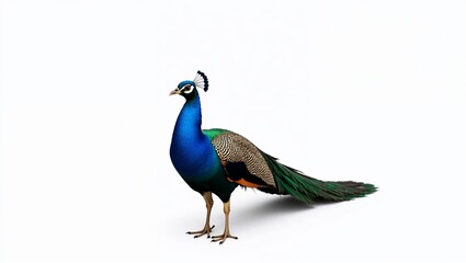 Naklejka premium A bright and proud peacock with its tail lowered on a white background