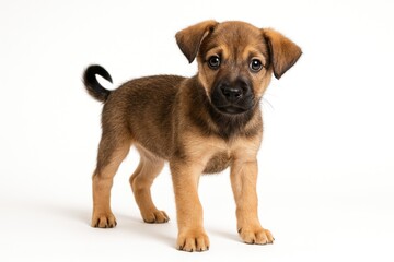 Obraz premium Adorable mixed-breed puppy gazing inquisitively on a plain white backdrop