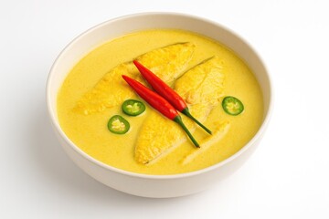 Delicious homemade meal featuring chilies and coconut milk, served in a bowl on a white backdrop for lunch or dinner.
