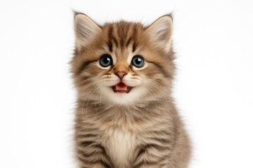 Obraz premium Adorable fuzzy kitten against a plain white backdrop with a touch of magic