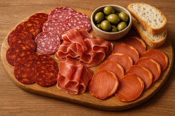 Assorted cured meats with olives and bread on a wooden serving board