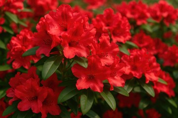 Detailed view of vibrant red rhododendron blossoms