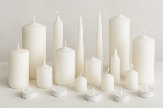 Various white wax candles arranged on a surface - Powered by Adobe