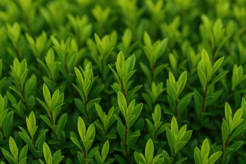 Detailed shot of fresh green foliage on evergreen shrubs during springtime