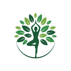 Yoga tree logo: A serene yoga pose embraced by a vibrant green tree, creating a symbol of balance, growth, and well-being.