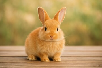 Fototapeta premium Adorable bunny resting on wooden surface and gazing at the lens