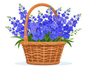 Delicate Larkspur Floral Arrangement in Basket Vector Illustration on WhitePNG