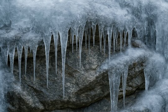 Winter ice formations creating stalactites on rocks