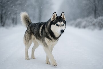 Naklejka premium A snowy street scene featuring a Siberian Husky on a walk. Close-up of a Husky's face.