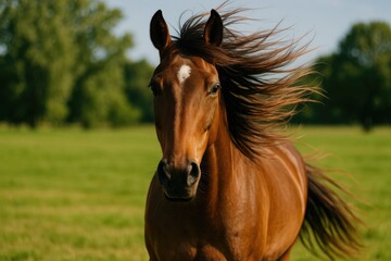Obraz premium Close-up of a horse facing forward with its mane flowing in the breeze, set against a scenic landscape of fields and trees